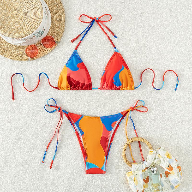 Contrast print self tie halter backless bikini swimwear