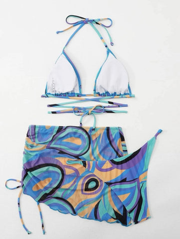 Contrast print halter drawstring mesh backless 3 piece swimwear