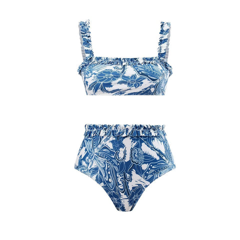 Contrast print ruffle square neck 3 piece swimwear