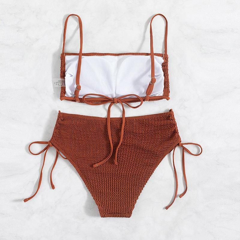 Solid textured backless self tie drawstring bikini swimwear