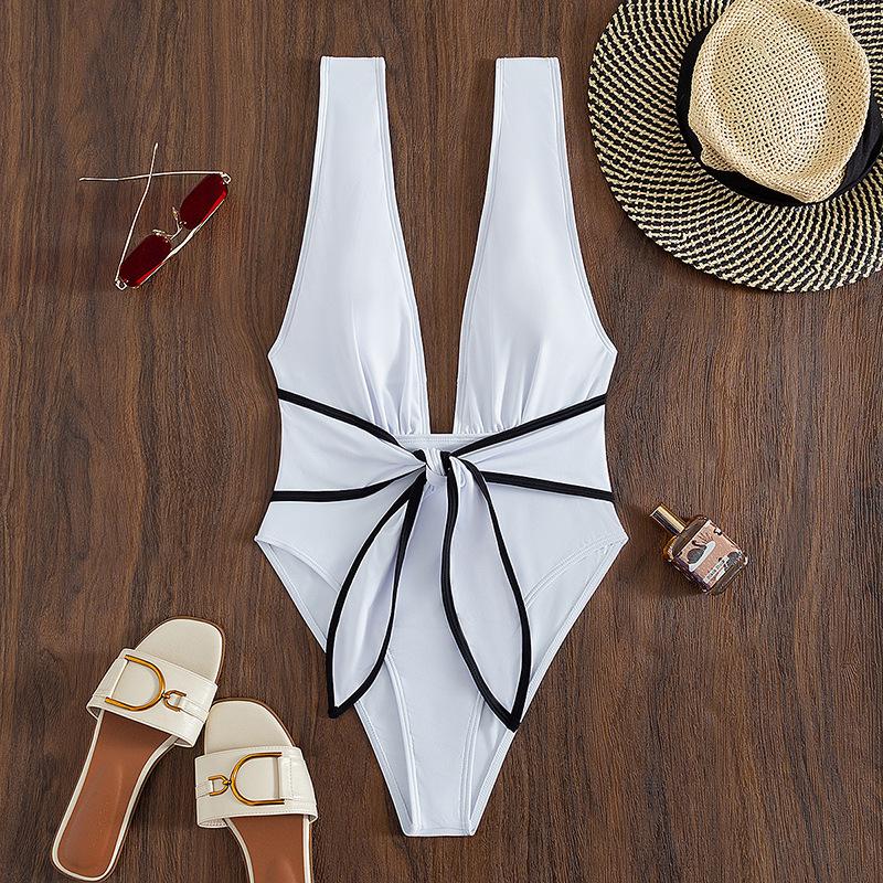 V neck sleeveless knotted contrast one piece swimwear