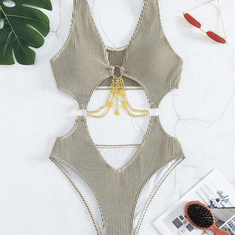 Metal chain textured o ring v neck hollow out one piece swimwear