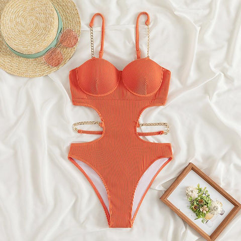 Metal chain button padded solid self tie one piece swimwear