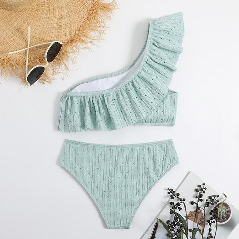 Ruffle solid one shoulder textured bikini swimwear