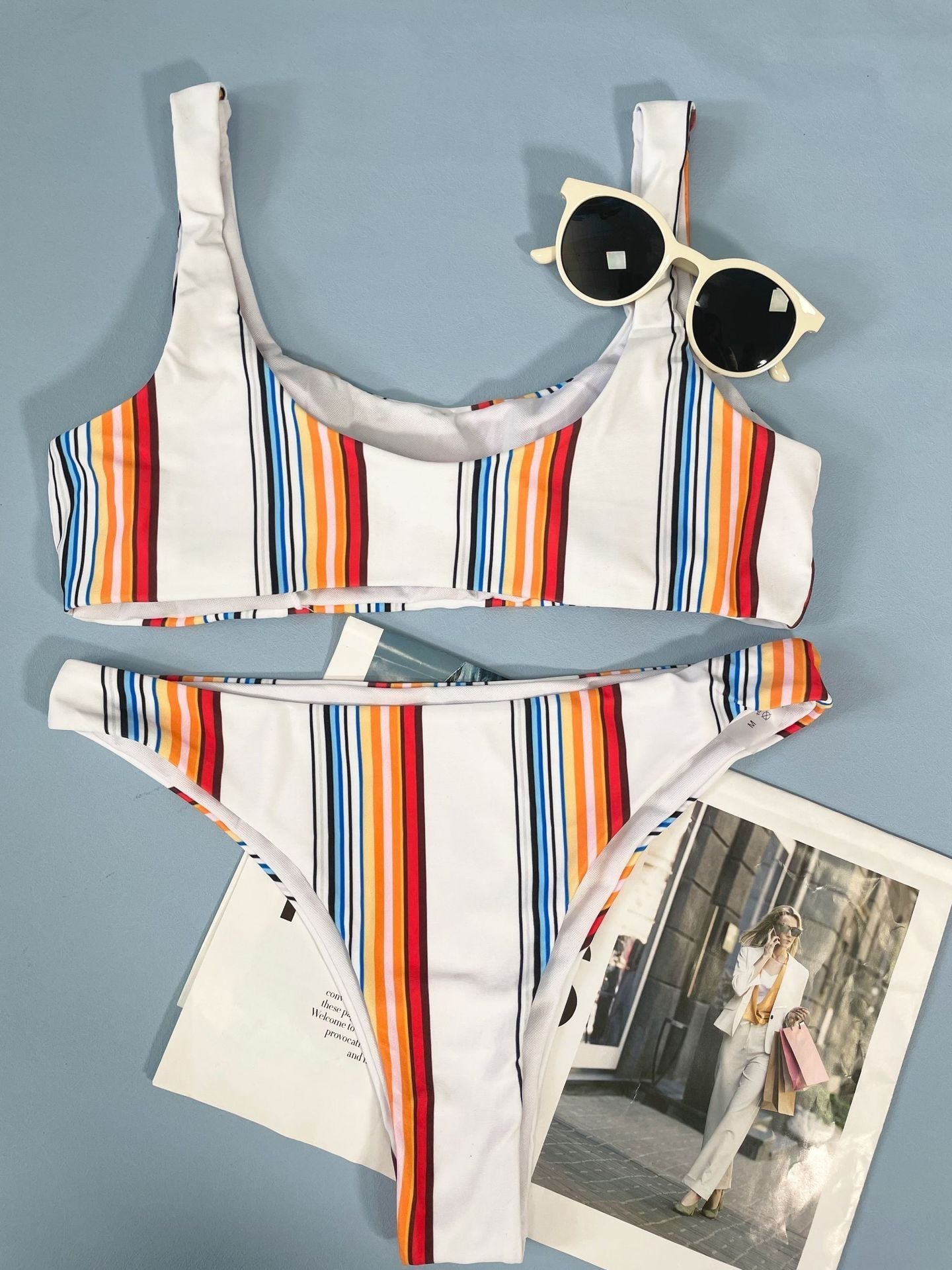 Contrast print striped bikini swimwear