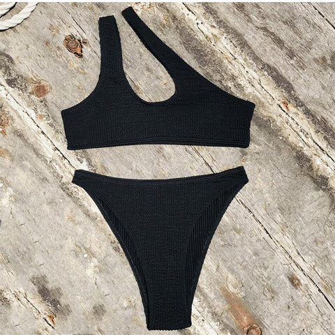 One shoulder textured irregular bikini swimwear