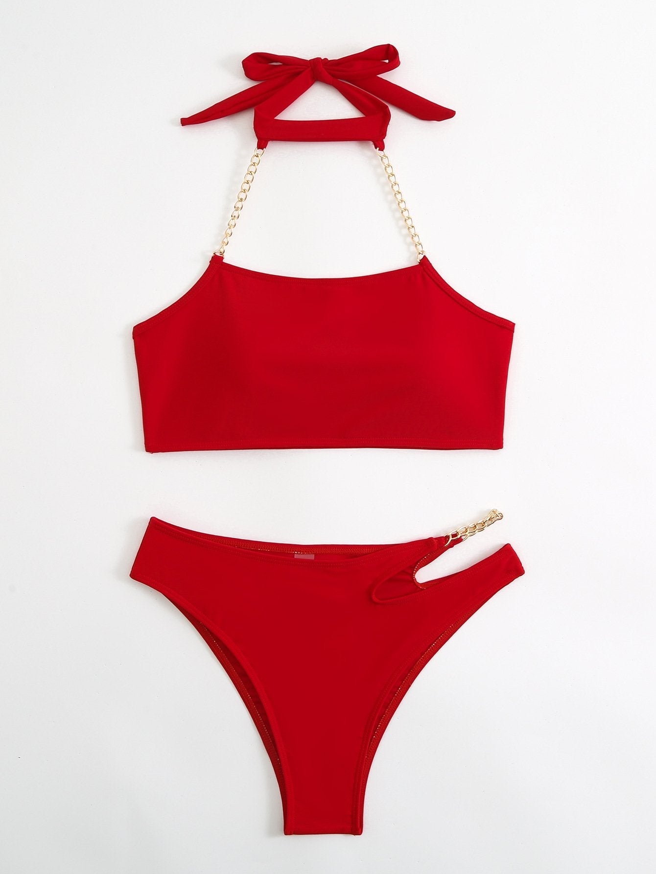 Metal chain halter hollow out self tie solid bikini swimwear