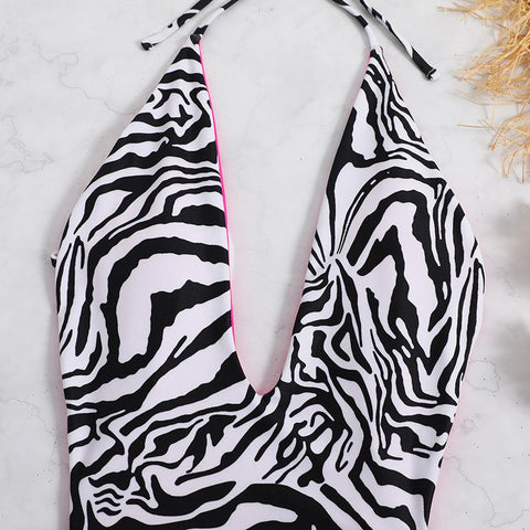 Zebra print v neck halter contrast self tie backless one piece swimwear