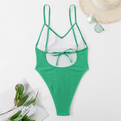 Textured v neck solid padded backless one piece swimwear