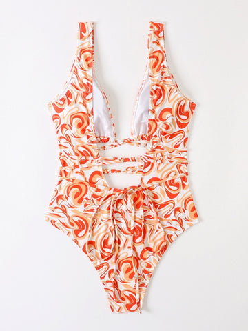 Low cut contrast print self tie hollow out one piece swimwear