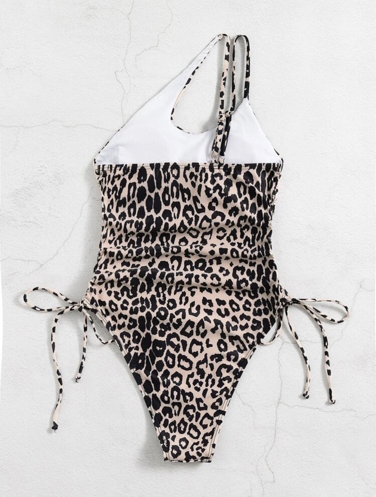 Leopard drawstring one shoulder irregular one piece swimwear