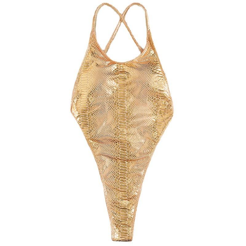 Snakeskin cross back backless one piece swimwear