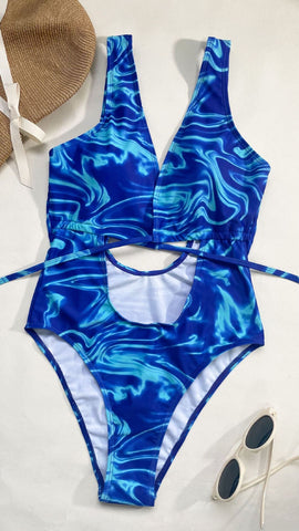 Ripple contrast v neck self tie hollow out one piece swimwear