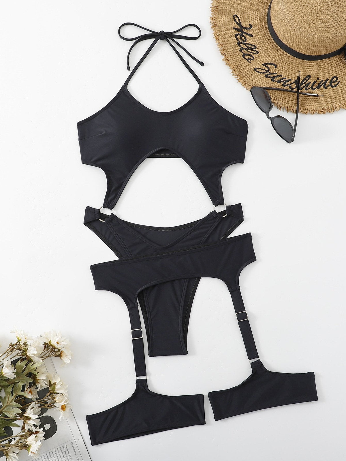 O ring hollow out solid halter self tie swimwear