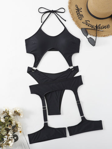 O ring hollow out solid halter self tie swimwear