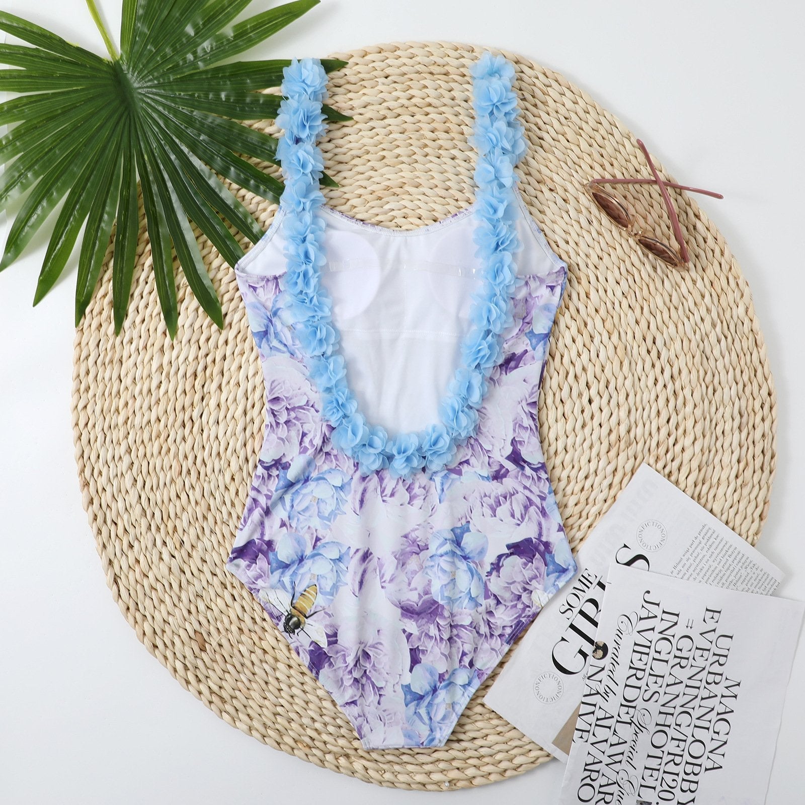 Flower pattern contrast u neck padded backless one piece swimwear