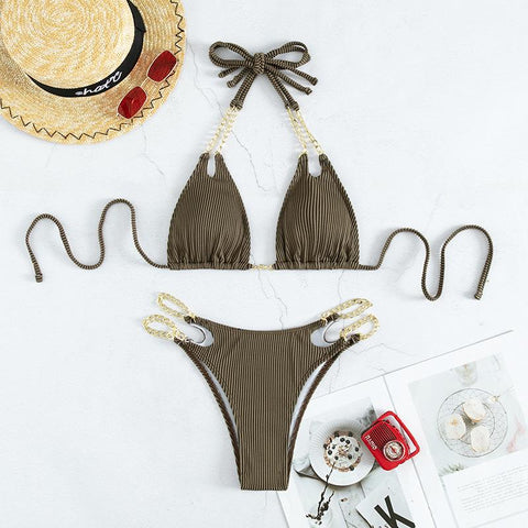 Striped halter metal chain self tie bikini swimwear