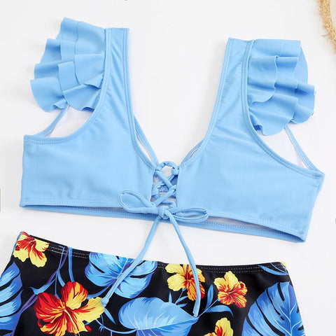 Cap sleeve contrast ruffle lace up leaf print bikini swimwear