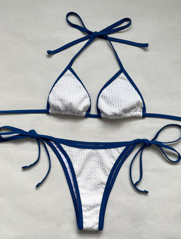 Textured contrast halter self tie bikini swimwear