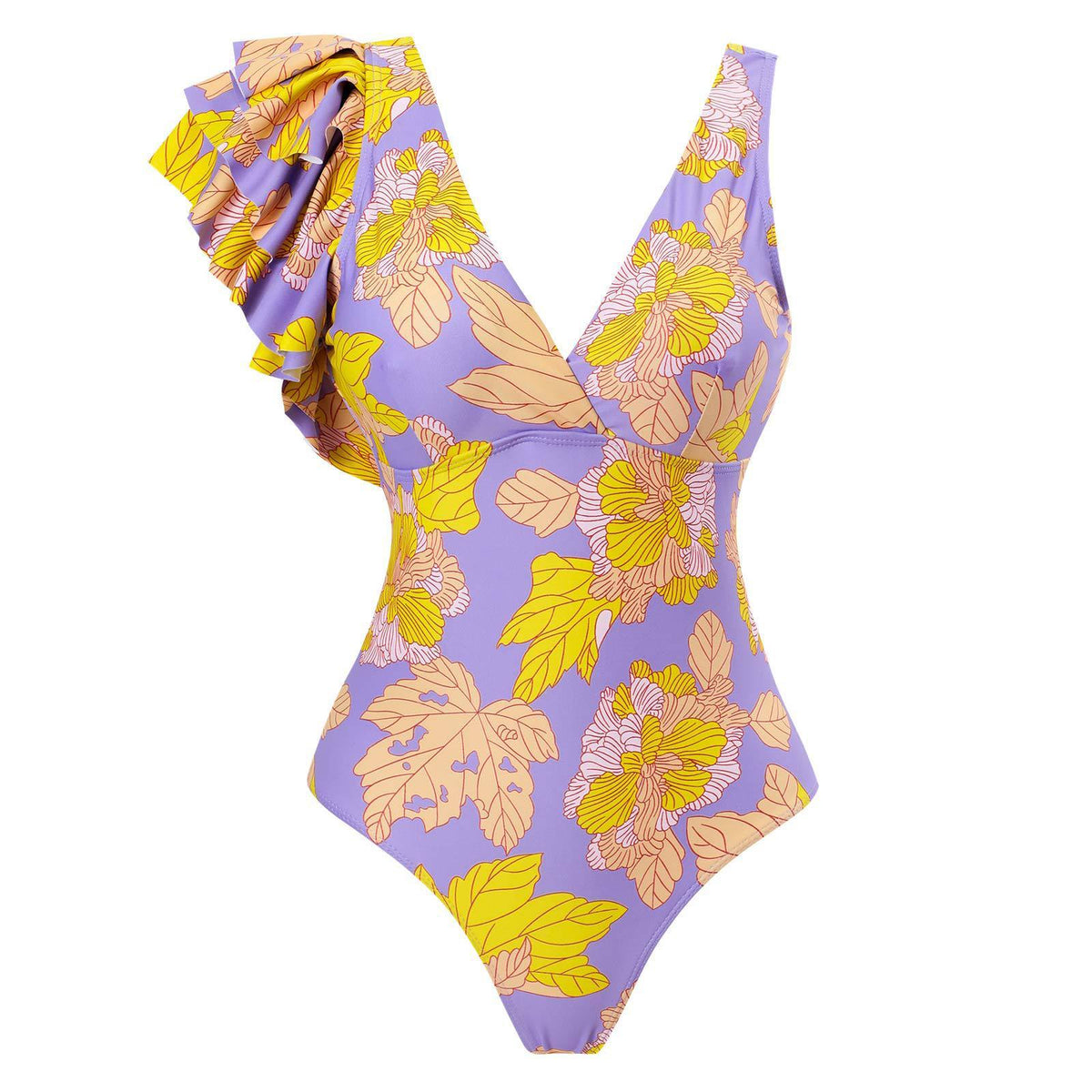 Contrast irregular ruffle leaf pattern one piece swimwear