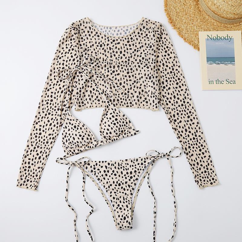 Leopard long sleeve self tie halter contrast 3 piece swimwear