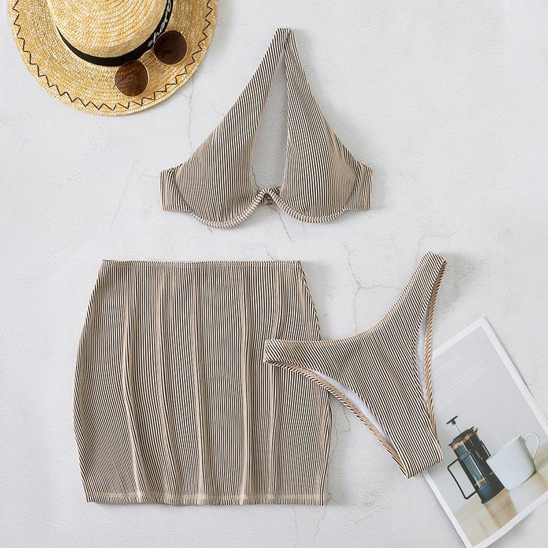 One shoulder hollow out solid irregular button 3 piece swimwear