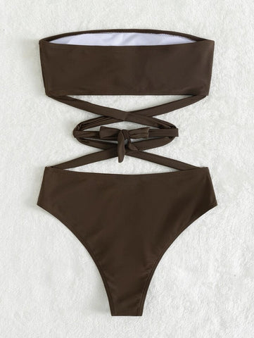 Cross front solid self tie padded tube bikini swimwear