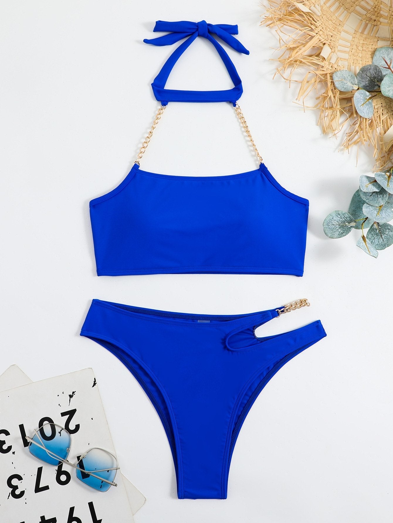 Metal chain halter hollow out self tie solid bikini swimwear