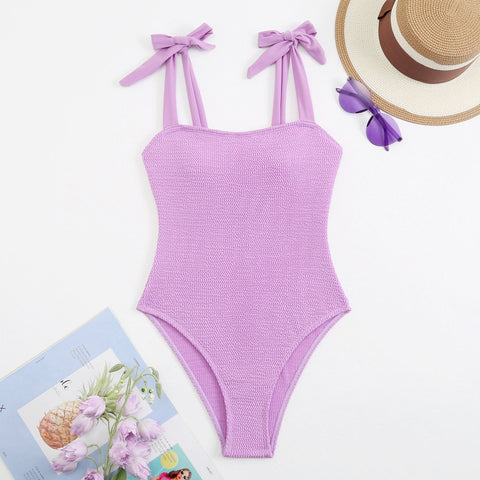 Textured self tie solid backless one piece swimwear