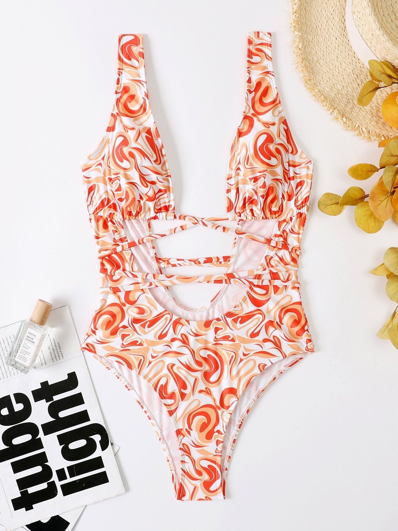 Low cut contrast print self tie hollow out one piece swimwear