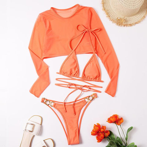 Mesh solid padded self tie o ring cross front halter 3 piece swimwear