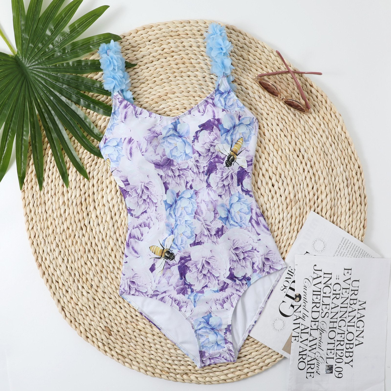 Flower pattern contrast u neck padded backless one piece swimwear