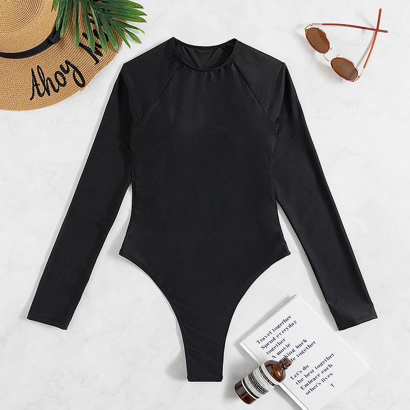 Stone decor long sleeve solid backless one piece swimwear