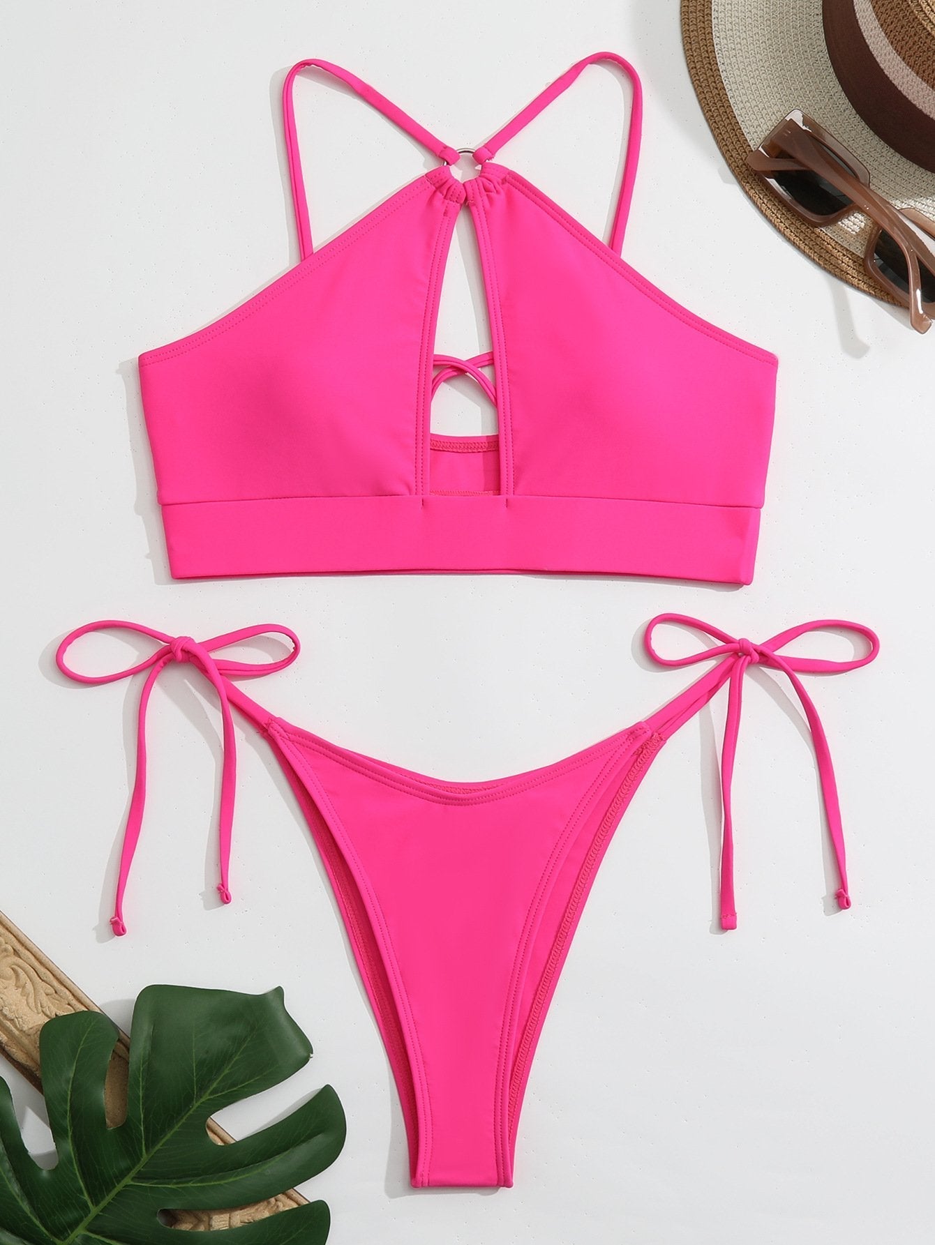 O ring hollow out cross back solid self tie bikini swimwear