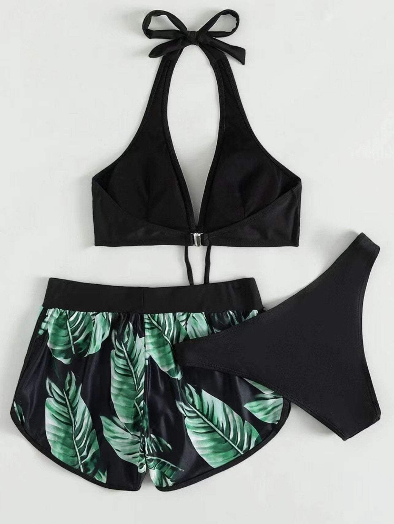 Leaf contrast v neck button halter backless 3 piece swimwear