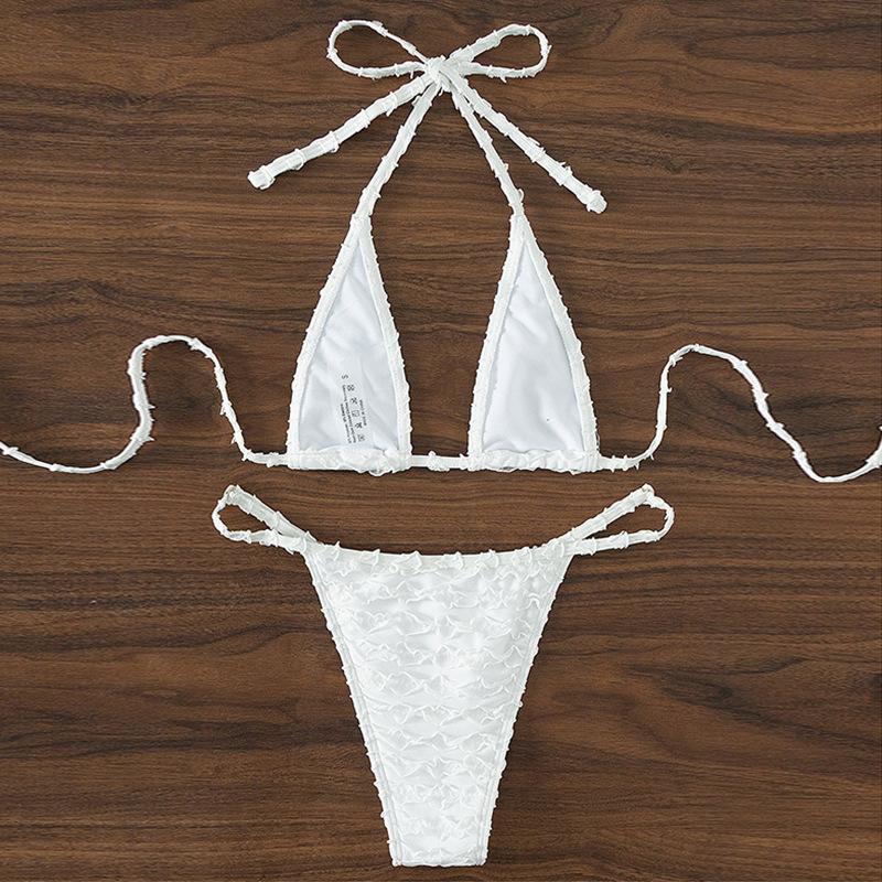 Textured solid halter self tie backless bikini swimwear