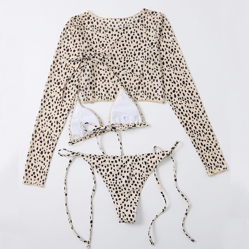 Leopard long sleeve self tie halter contrast 3 piece swimwear