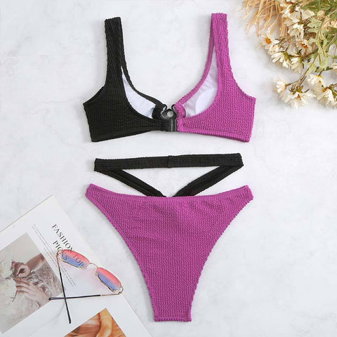 Hollow out o ring textured contrast padded one piece swimwear