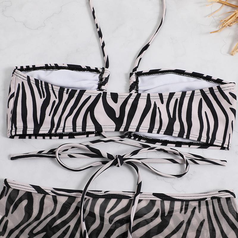 Zebra print mesh drawstring halter self tie 3 piece swimwear