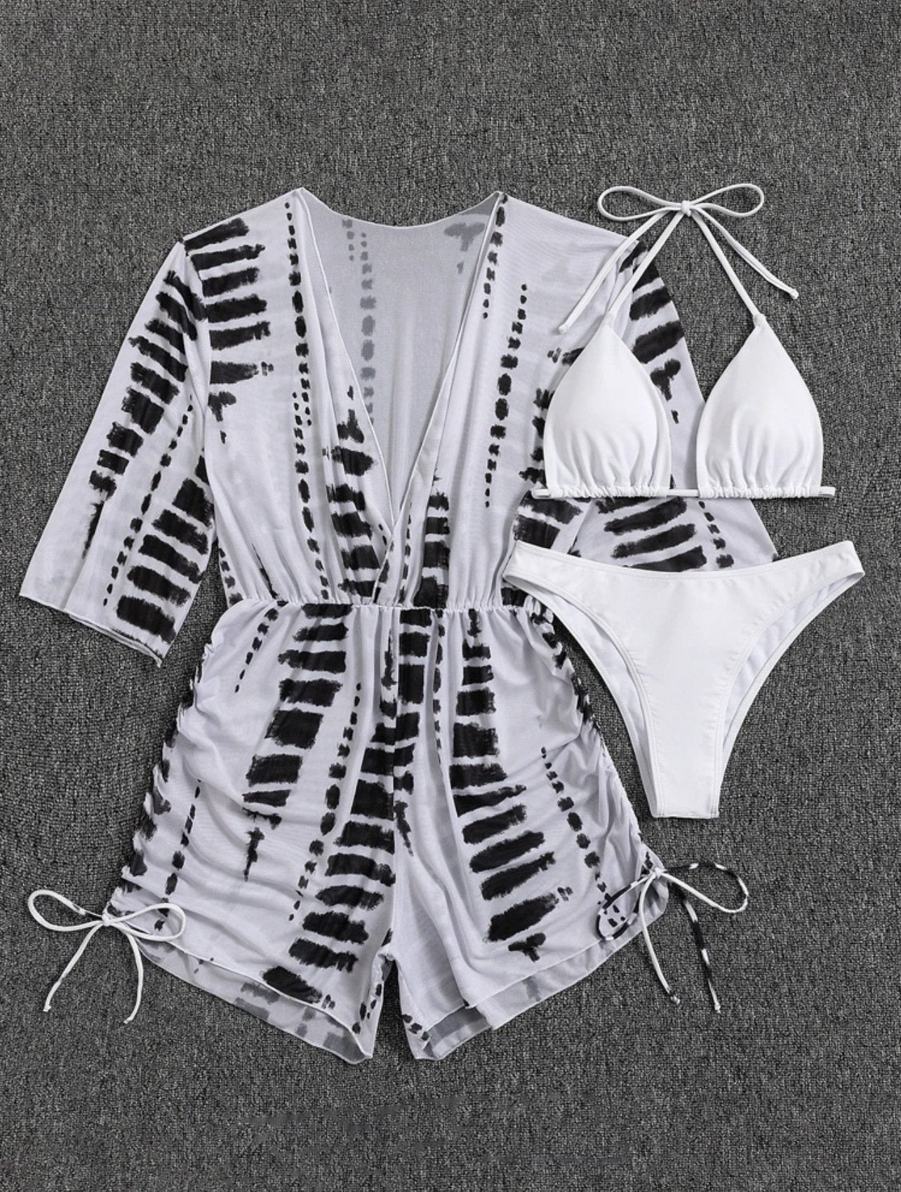 Mesh drawstring tie dye long sleeve halter 3 piece swimwear