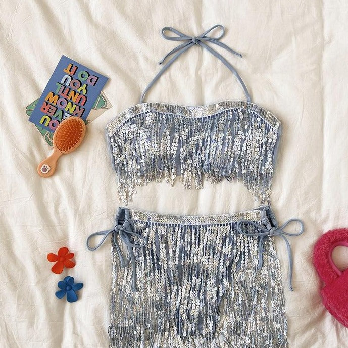 Glitter tassels contrast halter backless self tie bikini swimwear