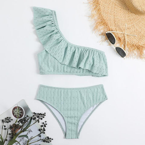 Ruffle solid one shoulder textured bikini swimwear