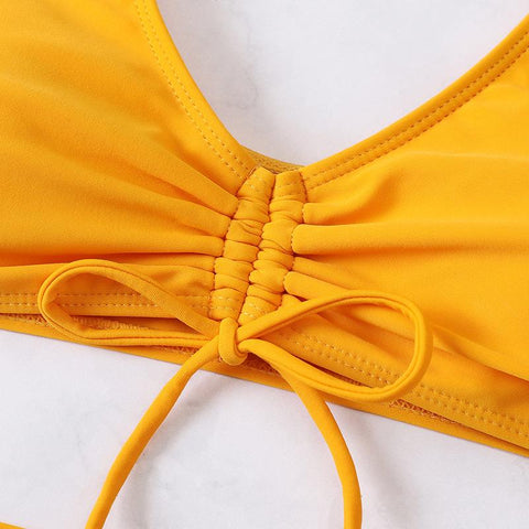 Padded ruffle cap sleeve drawstring solid ruched bikini swimwear