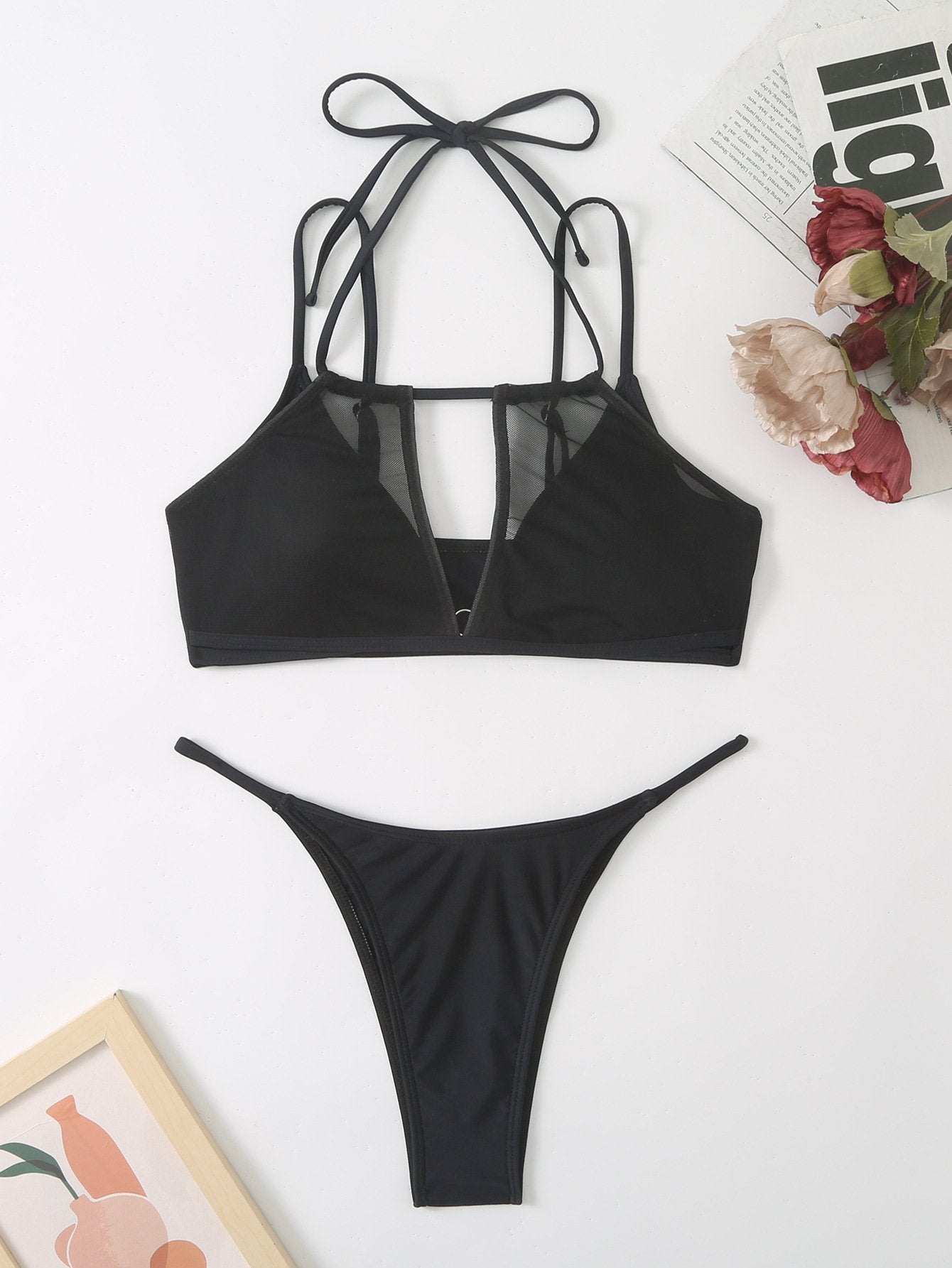 Mesh hollow out halter self tie solid bikini swimwear