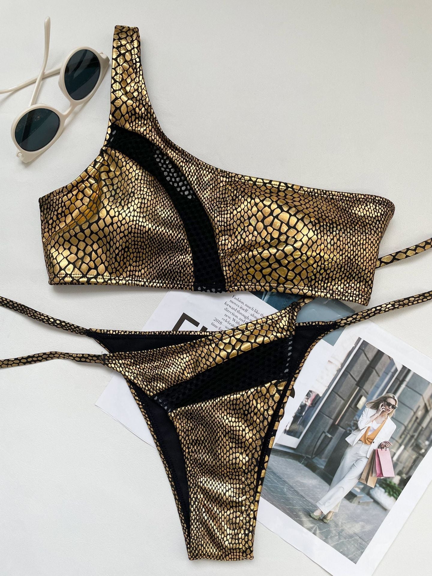 Snakeskin print patchwork one shoulder self tie bikini swimwear