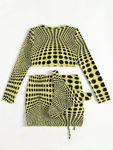 Polka dot contrast long sleeve drawstring 3 piece swimwear