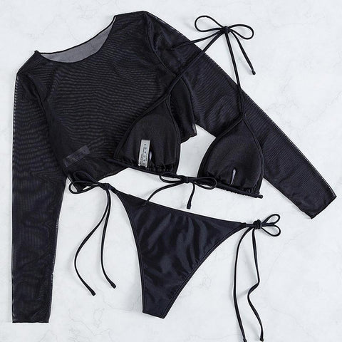 Mesh long sleeve halter solid 3 piece swimwear