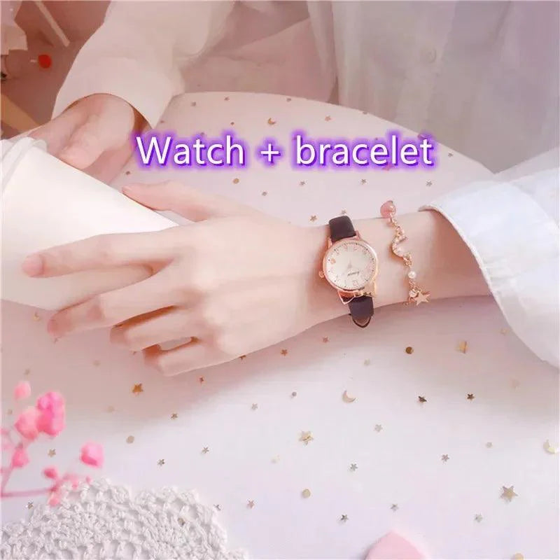 Kids' Digital Simple Watch Set with Leather Strap Quartz Watches for Girls + Bracelet