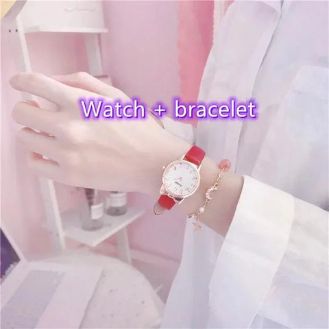 Kids' Digital Simple Watch Set with Leather Strap Quartz Watches for Girls + Bracelet