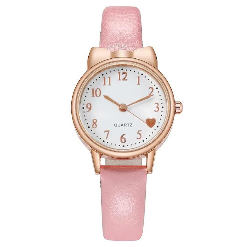 Kids' Digital Simple Watch Set with Leather Strap Quartz Watches for Girls + Bracelet